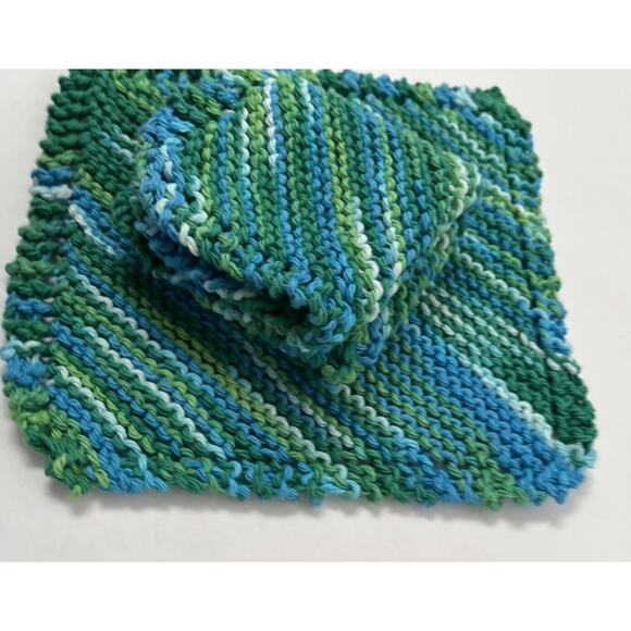Hand Knit Dish Cloth Set of 2 Plus Scrubbie 100% Cotton Multicolor Green Yellow - Picture 6 of 7